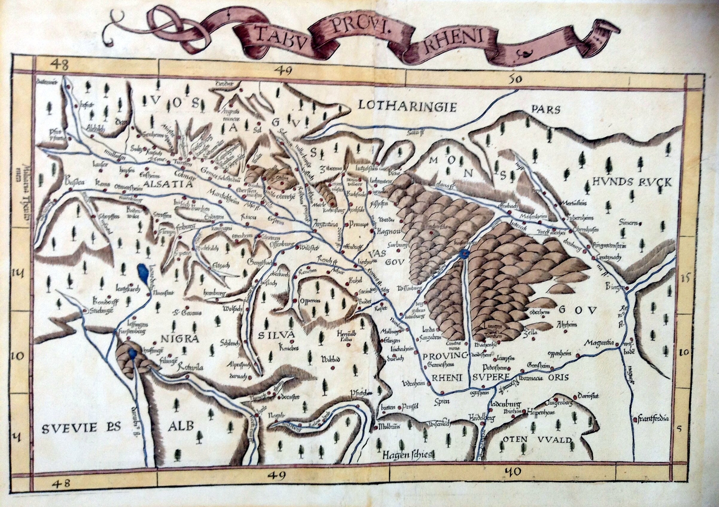 TABULA NOVA PARTICULARIS PROVINCIE RHEINI SUPERIORIS: Aus dem Atlas: „Geographia“ des Ptolemäus von Martin Waldseemüller, 1513
